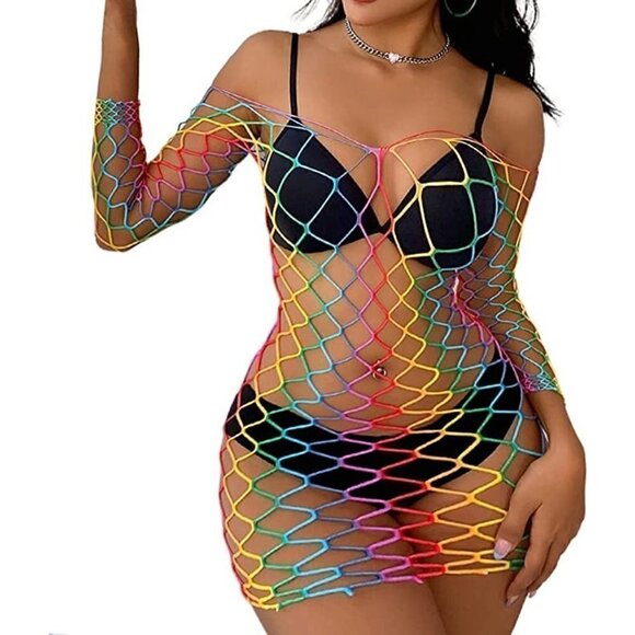 𝅺🌈 Rainbow Fishnet Stockings Mesh Lingerie Bodysuit BDSM Bondage Cosplay NWT - Picture 4 of 6